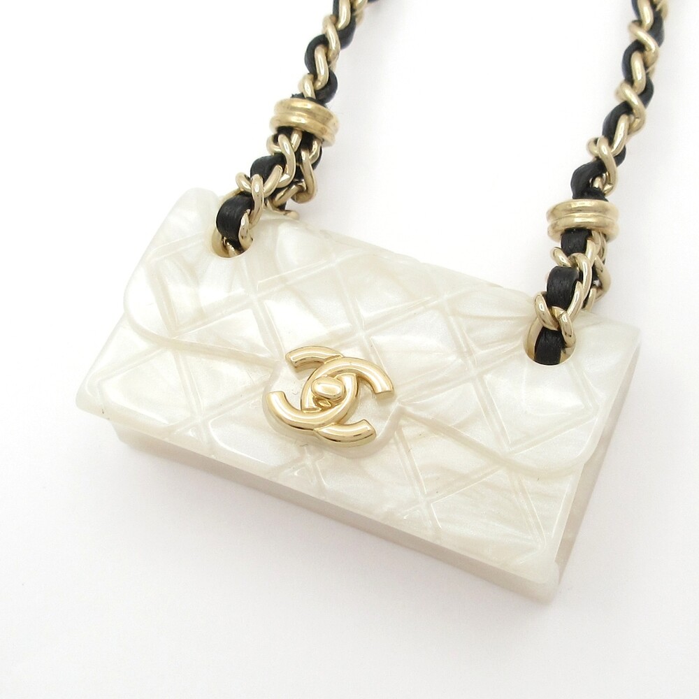 Chanel Necklace White Gold Black Resin Hardware Leather